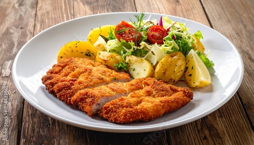Classic Wiener Schnitzel Served with Potatoes and Salad on a Wooden Table