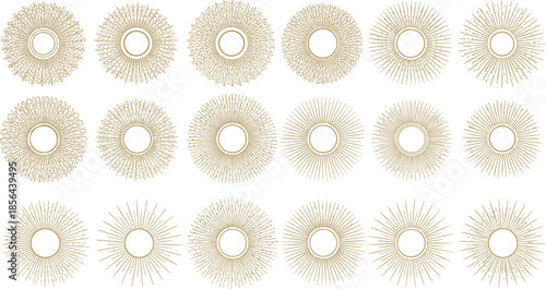 Luxury gold sunburst and radial decorative element set featuring elegant circular rays for branding, frames, and premium design