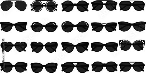 Black sunglasses silhouette vector illustration set featuring various frame styles like aviator cat eye heart shape and round glasses isolated on white background for fashion design