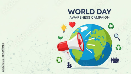 World day awareness campaign with globe and megaphone surrounded by eco friendly symbols and people icons on light green background
