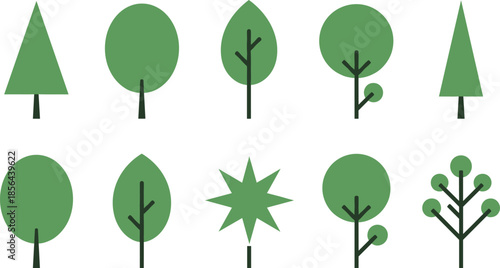 Minimalist green tree vector illustration set featuring various flat geometric shapes including circle oval triangle and star symbols isolated on white background for nature design