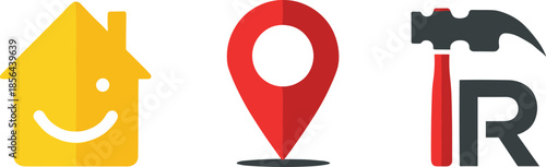 Home, location, and repair icon set featuring house symbol, map pin, and hammer tool for service concepts