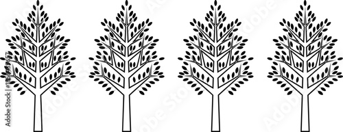 Detailed black tree silhouette vector illustration set featuring four symmetrical leafy trees with branches and stems isolated on white background for nature and landscape design