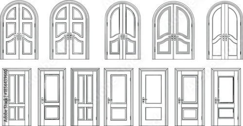 Architectural, door, collection, line, art, illustration, classic, modern, wooden, doors, set, isolated, blueprint, outline, interior, exterior, design, vector, black, white