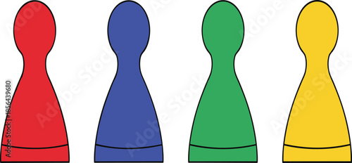 Colorful board game pawn vector illustration set featuring red blue green and yellow game pieces isolated on white background for tabletop gaming and strategy design