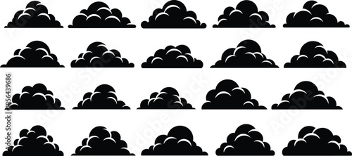 Black cloud silhouette vector illustration set featuring various fluffy cumulus cloud shapes isolated on white background for weather forecast and sky nature design projects