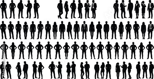 Large set of black people silhouettes standing together in rows professional business groups and casual friends isolated on white background,