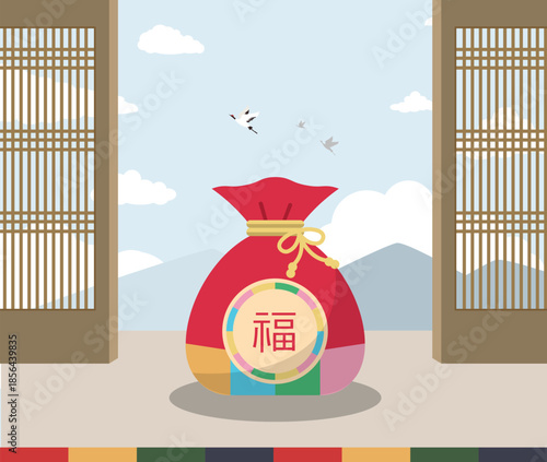 Korean Fortune Bag with Traditional Scenery