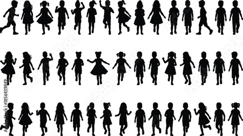 Large set of black children silhouettes walking running and playing together group of diverse boys and girls isolated on white,