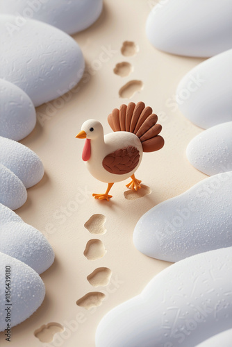 Adorable turkey leaving a trail of footprints in stylized flat white snow, minimalist 2D illustration of a festive bird walking through winter powder, vertical holiday design