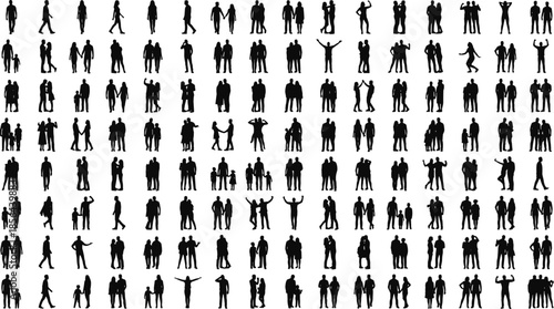 Large set of black silhouettes featuring diverse people, couples, families with children, and individuals walking or standing, isolated, white.