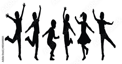 Large set of black silhouettes featuring joyful children, boys and girls jumping, dancing, and playing in various active poses on white.