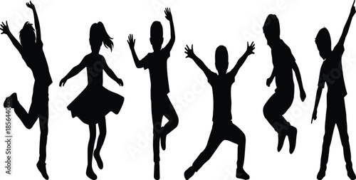 Large set of black silhouettes featuring joyful children, boys and girls jumping, dancing, and playing in various active poses, white.