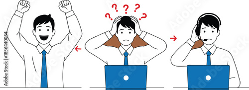 Businessman emotional reactions at workplace showing success confusion and communication support while working on laptop in modern office environment illustration