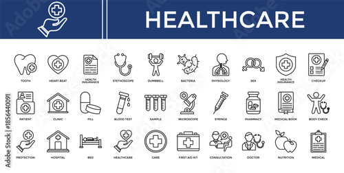 Health care icon set collection. Containing organ, sex, checkup, cog, stethoscope, insurance, patient .Line vector icons collection