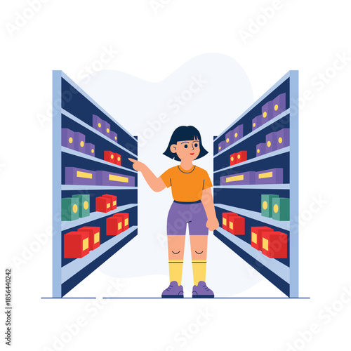 A detailed flat illustration of shopping aisle scene