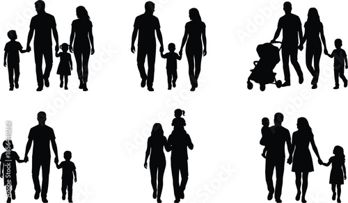 Large set of black silhouettes of children boys and girls running jumping walking and playing together diverse group isolated white,