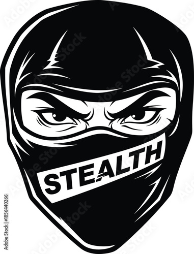 Stealthy ninja mask vector illustration with text for gaming clan and security branding on a transparent background.