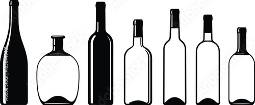 Collection of various bottle shapes in black and white silhouette style, glass container vector set for packaging, beverage, and design illustration
