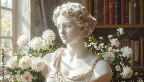 Classical marble bust statue surrounded by white flowers in bright window light