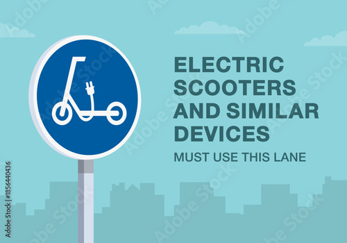 Safe driving tips and traffic regulation rules. Close-up of european "road for personal mobility devices" sign meaning. Scooters and similar devices must use this lane. Flat vector illustration.
