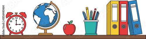 Colorful school desk illustration with alarm clock globe apple pencil holder and folders representing education learning classroom supplies and study tools