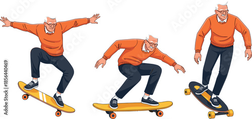 Active senior man skateboarding in different poses illustration showing healthy lifestyle balance energy motion modern vector design