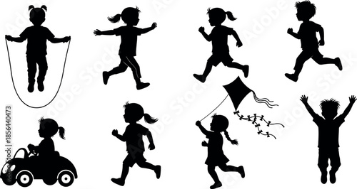 Active kids playing and running silhouettes vector illustration showing joyful childhood activities outdoor play concepts isolated on white background minimalist style