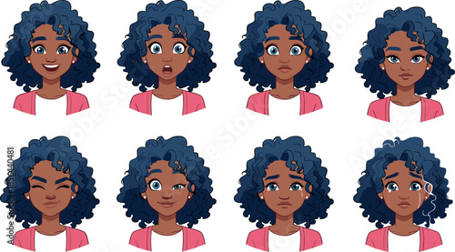 African American woman avatar facial expressions set showing emotions smile surprise sadness happiness cartoon character illustration vector collection