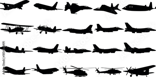 Aircraft silhouette collection featuring military and civilian airplanes jets helicopters aviation shapes black vector illustration set