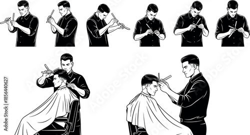 Barber cutting client’s hair in step-by-step cartoon sequence – flavector grooming profession illustration set
