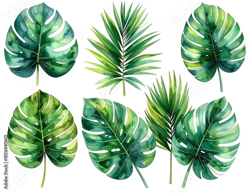 Watercolor depiction of tropical foliage leaves in vibrant greens