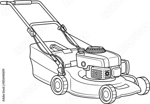 Black and white line drawing of gas-powered lawn mower with grass bag for yard tool design - flavector