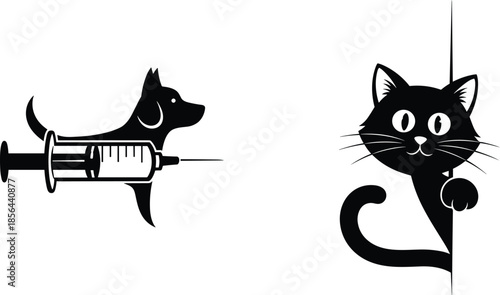 Dog vaccination syringe icon and adorable cat peeking illustration representing veterinary care, pet health services, animal clinic treatment and medicine concept