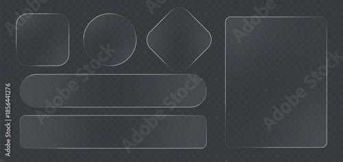 Modern Liquid glass morphism UI element set with frosted glass effect on dark grid. Transparent vector buttons, cards and panels for futuristic mobile app or web interface.