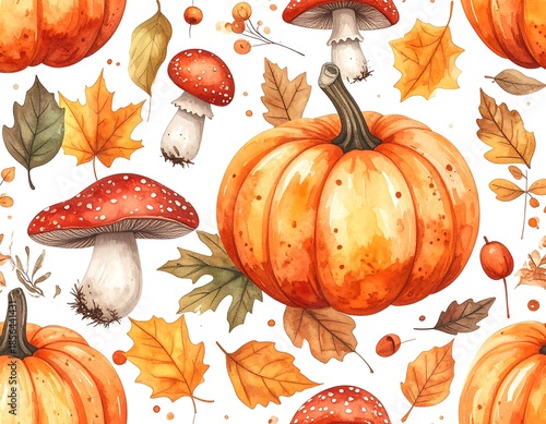 Watercolor illustration of autumn elements on a white background