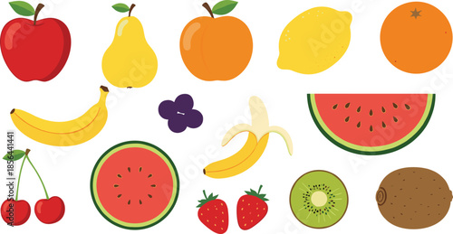 Fresh mixed fruit vector illustration set with apple pear orange lemon banana watermelon strawberry kiwi and cherry isolated on white background for healthy organic food design