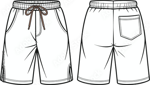 Men athletic shorts, cad drawing, flat vector illustration, front back view, with elastic waistband drawstring pocket, technical fashion design template