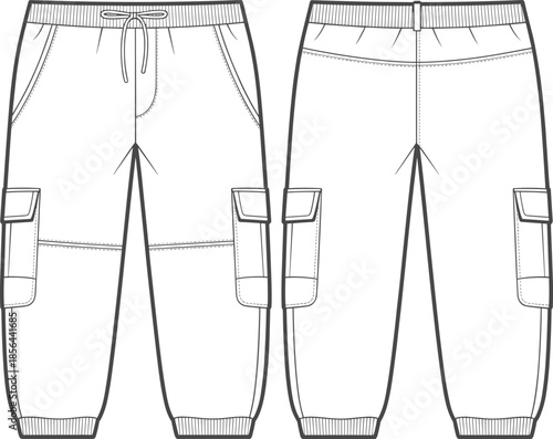 Men cargo jogger pants technical flat vector CAD drawing front and back view casual fashion apparel garment outline illustration