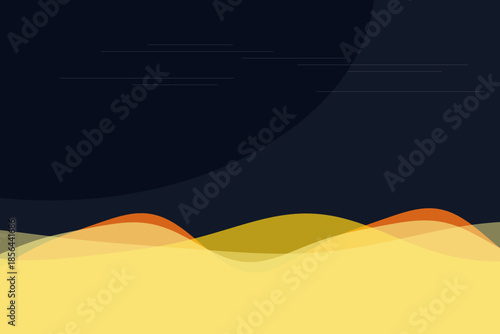 Desert landscape with sand dunes in vibrant yellow and orange hues under dark blue sky with minimalist gradient for background design