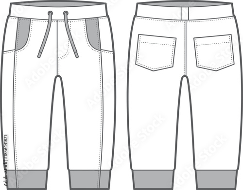 Men jogger pants, cad drawing, flat vector illustration, front back view, elastic waistband drawstring, pocket details, cuffed ankle fashion design