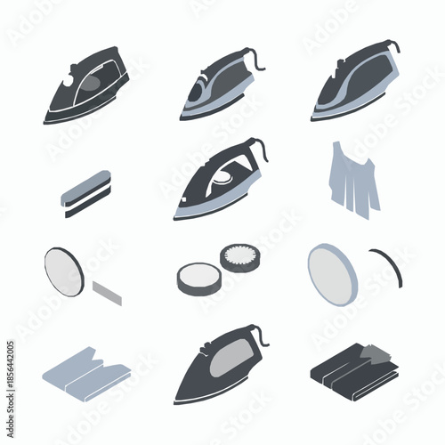 Minimal Isometric Smoothing Iron Icon Set Laundry Vector