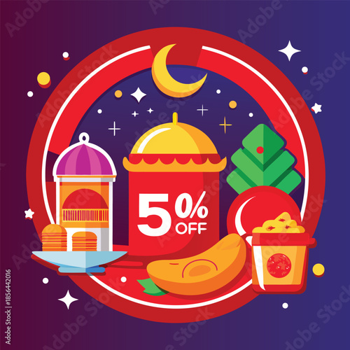 PrintVibrant ramadan fast food sale promotion with tempting offers and mosque illustration