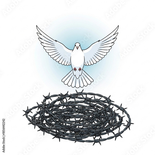 White dove flying over barbed wire symbol of peace and freedom overcoming conflict isolated on white background