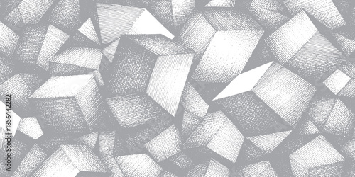 Abstract geometric pattern of shaded cubes in grayscale.
