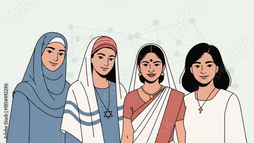 Diverse women in traditional religious attire representing different cultures and faiths standing together in unity illustration for 