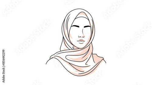 Minimalist line art illustration of a woman wearing a hijab simple vector portrait for fashion and cultural concepts isolated on whit