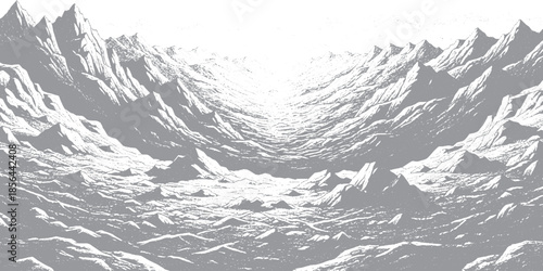 Abstract grayscale mountain range landscape with dramatic lighting.