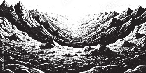 Abstract grayscale landscape with sharp peaks and deep valleys.