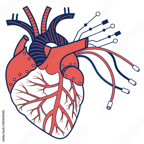 Cybernetic Human Heart Vector Illustration: Futuristic Anatomical Bionic Heart with Circuit Wires and Tech Elements, Red and Blue Sci-Fi Medical Technology Graphic Art